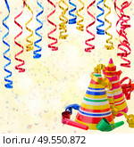 Birthday party background with curling stream paper, hats and whistles. Birthday party background. Стоковое фото, агентство Ingram Publishing / Фотобанк Лори