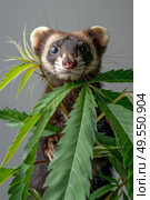 A ferret perched on a plant, looking curious and observant in its environment. Стоковое AI-изображение, AI-художник Данила Большаков / Фотобанк Лори