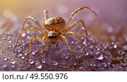 A beautiful spider and a web decorated with dew drops that shimmer in the sun, creating a glow effect. The background of the image is blurred, in a warm golden pink color scheme. Стоковое AI-изображение, AI-художник Photojuli / Фотобанк Лори