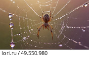 A beautiful spider and a web decorated with dew drops that shimmer in the sun, creating a glow effect. The background of the image is blurred, in a warm golden pink color scheme. Стоковое AI-изображение, AI-художник Photojuli / Фотобанк Лори