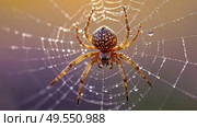 A beautiful spider and a web decorated with dew drops that shimmer in the sun, creating a glow effect. The background of the image is blurred, in a warm golden pink color scheme. Стоковое AI-изображение, AI-художник Photojuli / Фотобанк Лори
