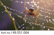 A beautiful spider and a web decorated with dew drops that shimmer in the sun, creating a glow effect. The background of the image is blurred, in a warm golden pink color scheme. Стоковое AI-изображение, AI-художник Photojuli / Фотобанк Лори