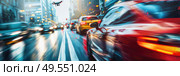 The image depicts a busy city street teeming with vehicles, cyclists, and pedestrians navigating through the congestion of heavy traffic. Стоковое AI-изображение, AI-художник Данила Большаков / Фотобанк Лори