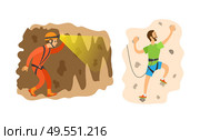 Man wearing helmet with light going in cave, male in carabines for insurance climbing, back and side view of people, extreme or dangerous tourism vector. Climbing and Speleology Extreme Tourism Vector. Стоковая иллюстрация, агентство Ingram Publishing / Фотобанк Лори