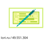 Check from bank vector, pen to write cheque payment and banking system, commerce and paying debts, accounting and saving money in safe place isolated. Check with Pen, Empty Cheque with Filling Form. Стоковая иллюстрация, агентство Ingram Publishing / Фотобанк Лори