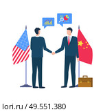 People at conference agreeing on issue vector, partners wearing formal suits, flags of China and USA, male with briefcase isolated charts schemes. People at Meeting, Partners from US and China. Стоковая иллюстрация, агентство Ingram Publishing / Фотобанк Лори