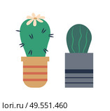 Cactus in pot vector, isolated icon of plant with thorns and flower on top. Nature decoration for home, botanical elements, pottery and house decor. Cactus Plant Growing in Pot, Cacti Flowering Set. Стоковая иллюстрация, агентство Ingram Publishing / Фотобанк Лори