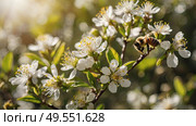 A bee collecting nectar on a blooming apple tree in close-up. Macro photography. Natural food. The disappearance of bees. Стоковое AI-изображение, AI-художник Photojuli / Фотобанк Лори