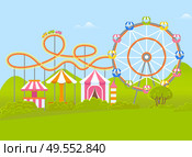 Attractions at amusement park vector, carousel and ferris wheel with cabins. Enjoyment on nature, greenery with bushes and lawns, construction for fun. Amusement Park with Ferris Wheel and Attraction. Стоковая иллюстрация, агентство Ingram Publishing / Фотобанк Лори