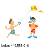 Children having fun at beach vector, boy running with kite and watching on paper object. Kiddo wearing special equipment for snorkelling and diving. Kids on Beach, Vacation of Children Boys Isolated. Стоковая иллюстрация, агентство Ingram Publishing / Фотобанк Лори