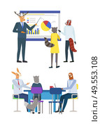 Presentation of ideas on board vector, deer hipster animal with colleagues cat and sloth, coworkers sitting by table sharing thoughts brainstorming. Hipster Animals at Work, Presentation of Ideas. Стоковая иллюстрация, агентство Ingram Publishing / Фотобанк Лори