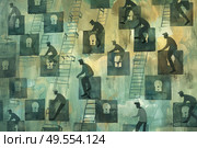 A painting depicting a man in the act of climbing a ladder. The man reaches upward with determined focus as he ascends the rungs of the ladder. Стоковое AI-изображение, AI-художник Данила Большаков / Фотобанк Лори
