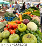 Customers buy fresh organic products at the farmer's market. Farmers' markets as a convenient way for people to sell and buy agricultural products.traditional way of selling agricultural products. Стоковое AI-изображение, AI-художник Iva Noel / Фотобанк Лори