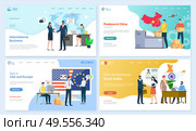 International business vector, sell in usa and europe marketplace and produce in China, hire employees from India, Chinese map with flag parcels with products. Website or app slider, landing page flat. International Business, Produce in China Website. Стоковая иллюстрация, агентство Ingram Publishing / Фотобанк Лори