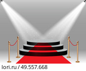 Colorful illuminated podium for awards and performances illuminated by bright spotlights on the red carpet and Realistic golden barriers for fencing when entering a party, club, even. Vector illustration. Стоковая иллюстрация, агентство Ingram Publishing / Фотобанк Лори