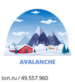 Natural disaster round composition of text and landscape with mountains and living houses with snow avalanche vector illustration. Стоковая иллюстрация, агентство Ingram Publishing / Фотобанк Лори