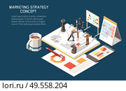 Marketing strategy concept isometric background with editable text and little human characters with plans and calendars vector illustration. Стоковая иллюстрация, агентство Ingram Publishing / Фотобанк Лори