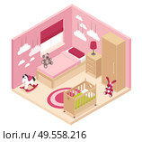 Cozy rose children room isometric interior with wardrobe bedside cabinet near bed baby cot and bunk bed vector illustration. Стоковая иллюстрация, агентство Ingram Publishing / Фотобанк Лори