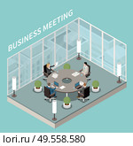 Company business office meeting room interior isometric composition with round boardroom table discussion glass walls vector illustration. Стоковая иллюстрация, агентство Ingram Publishing / Фотобанк Лори