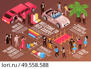 Isometric celebrities horizontal composition with famous people colourful infographic elements and flowchart with editable text captions vector illustration. Стоковая иллюстрация, агентство Ingram Publishing / Фотобанк Лори
