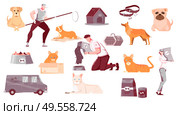 Homeless animals set of flat isolated images with pets characters of catchers with transport and equipment vector illustration. Стоковая иллюстрация, агентство Ingram Publishing / Фотобанк Лори
