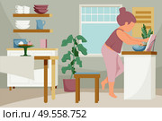 Woman daily routine flat composition with kitchen scenery with furniture kitchenware and girl leafing through cookbook vector illustration. Стоковая иллюстрация, агентство Ingram Publishing / Фотобанк Лори