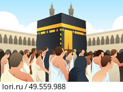 A vector illustration of Muslim Pilgrims Walking Around Kaaba in Mecca. Стоковая иллюстрация, агентство Ingram Publishing / Фотобанк Лори