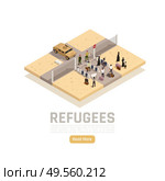 Refugees asylum seekers migrants border crossing between conflict war zone and safe area isometric composition vector illustration. Стоковая иллюстрация, агентство Ingram Publishing / Фотобанк Лори