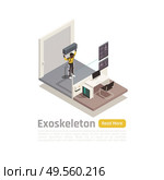 Bionics technology isometric composition illustrated man wearing exoskeleton to ease heavy physical exertion vector illustration. Стоковая иллюстрация, агентство Ingram Publishing / Фотобанк Лори