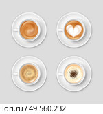 Realistic 2x2 top view set with coffee in cups on saucers isolated vector illustration. Стоковая иллюстрация, агентство Ingram Publishing / Фотобанк Лори