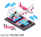 Buy ticket online and travel by airplane isometric design concept with  flying plane passengers and big smartphone vector illustration. Стоковая иллюстрация, агентство Ingram Publishing / Фотобанк Лори