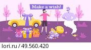 Ginn wish flat composition with doodle style characters of miracle man with woman and various gifts vector illustration. Стоковая иллюстрация, агентство Ingram Publishing / Фотобанк Лори