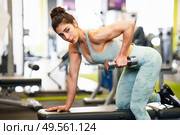 Caucasian strong woman lifting some weights and working on her triceps and biceps in a gym with dumbbells.. Woman working on her triceps and biceps in a gym with dumbbells. Стоковое фото, агентство Ingram Publishing / Фотобанк Лори