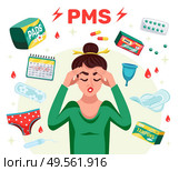 Flat pms woman concept with menstruation tools and woman with a headache vector illustration. Стоковая иллюстрация, агентство Ingram Publishing / Фотобанк Лори