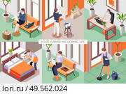 Isometric background with wife working on computer and house husband washing mopping floor making bed 3d isolated vector illustration. Стоковая иллюстрация, агентство Ingram Publishing / Фотобанк Лори