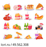 Flat design icons set with overweight people and various fast food isolated on white background vector illustration. Стоковая иллюстрация, агентство Ingram Publishing / Фотобанк Лори