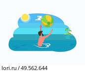 Man playing ball in water, tossing and catching inflatable circle. Bearded male at summer resort, tropical island with palm and endless sea or ocean waters. Man playing ball in water, Sealine, Sun and Island. Стоковая иллюстрация, агентство Ingram Publishing / Фотобанк Лори