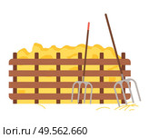 Hay bale vector, isolated agricultural scenery, tools for dried grass, hayforks and wooden fence with crops, countryside farming instruments flat style. Hay Protected with Wooden Fence, Hayfork Tool. Стоковая иллюстрация, агентство Ingram Publishing / Фотобанк Лори