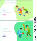 Rugby and cricket sports, men running with ball, people wearing helmet, gloves holding bat. Portrait and full length view of training males vector. Website or webpage template, landing page flat style. Sportsmen Training, Rugby and Cricket Web Vector. Стоковая иллюстрация, агентство Ingram Publishing / Фотобанк Лори