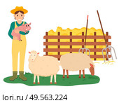Tending animals at farm vector, farming woman holding pig standing by sheep and hay with instruments for dried grass. Farmer busy with work isolated. Farming Woman Holding Pig by Sheep Farm Vector. Стоковая иллюстрация, агентство Ingram Publishing / Фотобанк Лори