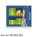 Woman with monet vector, financial operation with coin and banknotes, dollars of American, lady on ladder. Management and saving isolated flat style. Woman Investing Money, Lady with Strongbox Vector. Стоковая иллюстрация, агентство Ingram Publishing / Фотобанк Лори