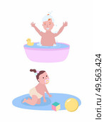 Boy bathing in small pool with rubber duck and girl on blanket with ball and cube toy isolated cartoon children. Vector one year kids, infant toddlers. Boy Bathing in Small Pool and Girl Crawling on Rug. Стоковая иллюстрация, агентство Ingram Publishing / Фотобанк Лори