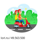 Travelers in helmets driving motorbike on highway vector. Couple on moped, love dating, journey or trip, vehicle and road, activity date, bushes and trees on roadside, eco transport. Couple on Motorbike, Travelers in Helmets, Highway. Стоковая иллюстрация, агентство Ingram Publishing / Фотобанк Лори