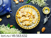 Traditional oriental sweetness, Turkish delight lokum with elderberry flavor.. Turkish rahat lokum. Стоковое фото, агентство Ingram Publishing / Фотобанк Лори