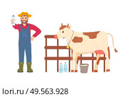 Man standing by cow vector, farmer showing ready production, milkman with milk in bottle and cattle standing at stables, livestock tending and care. Farmer Holding Bottle of Milk, Farming Man and Cow. Стоковая иллюстрация, агентство Ingram Publishing / Фотобанк Лори