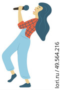 Woman singing in microphone isolated cartoon character. Vector lady singer, female musician with mic, performing professional vocalist in flat style. Woman Singing in Microphone Isolated Character. Стоковая иллюстрация, агентство Ingram Publishing / Фотобанк Лори