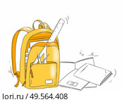 Hand drawn illustration of a school bag with stationery objects - Back to Shool. Стоковое фото, агентство Ingram Publishing / Фотобанк Лори