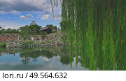 Himeji, Japan - Sep 24 2024, 4k, panoramic view through foliage of a tree, at entrance gate, pond with mirrored water, with White Heron Castle on background, at daytime with cloudy sky, Himeji, Japan. Стоковое видео, видеограф Сергей Богомяко / Фотобанк Лори