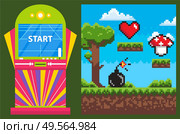 Game machine with start webpage, gambling sign. Screen of pixelated video-game decorated by power symbols, heart and bombshell, fly agaric vector. Start of 8 bit game. Pixel Game and Colorful Gambling Machine Vector. Стоковая иллюстрация, агентство Ingram Publishing / Фотобанк Лори