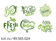 Bio ingredients and food vector, isolated set of logos and emblems with percentage and decorative foliage, eco meal production and biological supplies. Bio Production, Fresh and Organic Products Logo. Стоковая иллюстрация, агентство Ingram Publishing / Фотобанк Лори